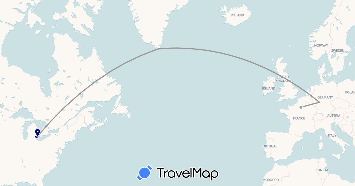 TravelMap itinerary: driving, bus, plane in Canada, Germany, France, Greenland, United States (Europe, North America)